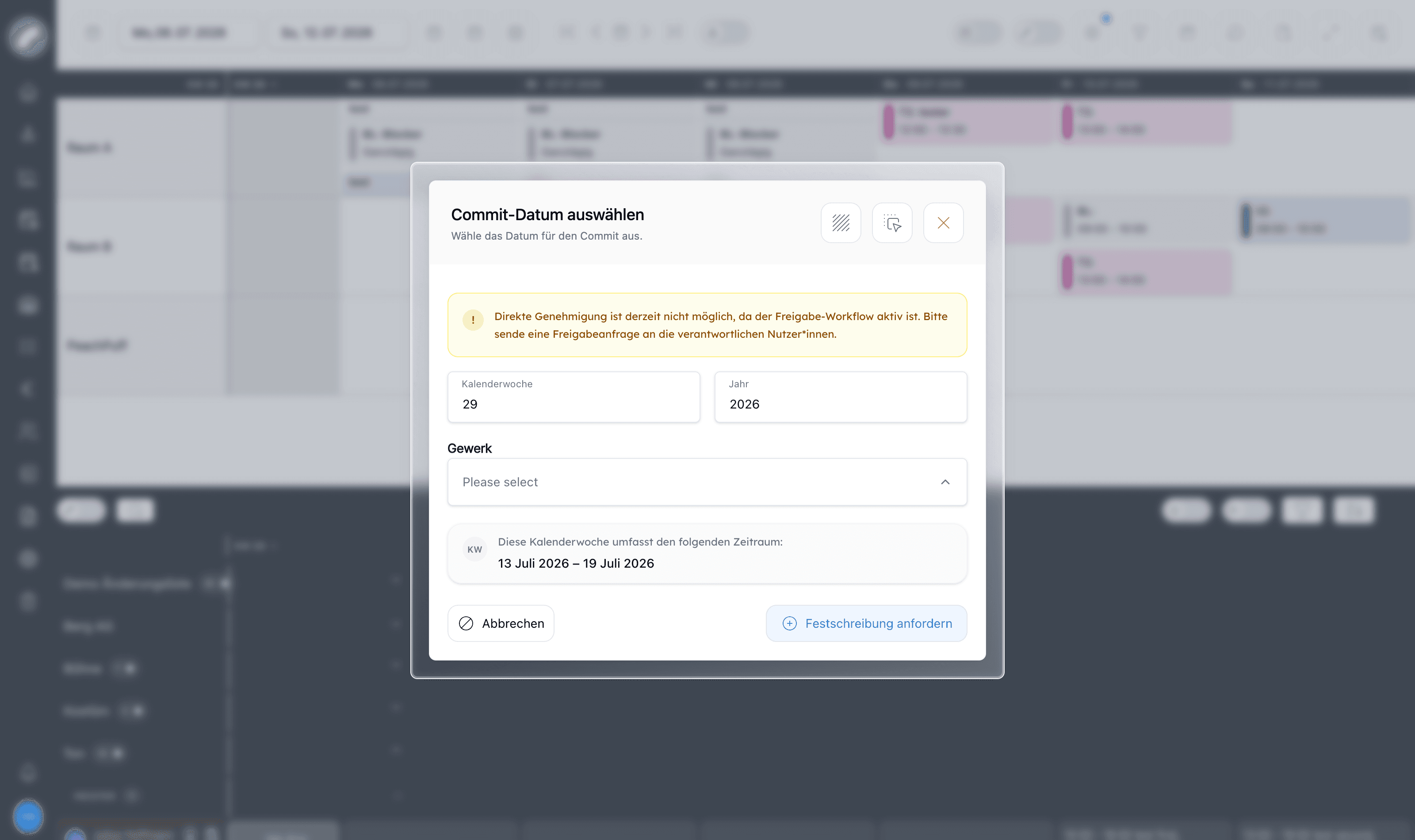 Festschreiben der Kalenderwoche 29 — hier mit aktivem Freigabe-Workflow