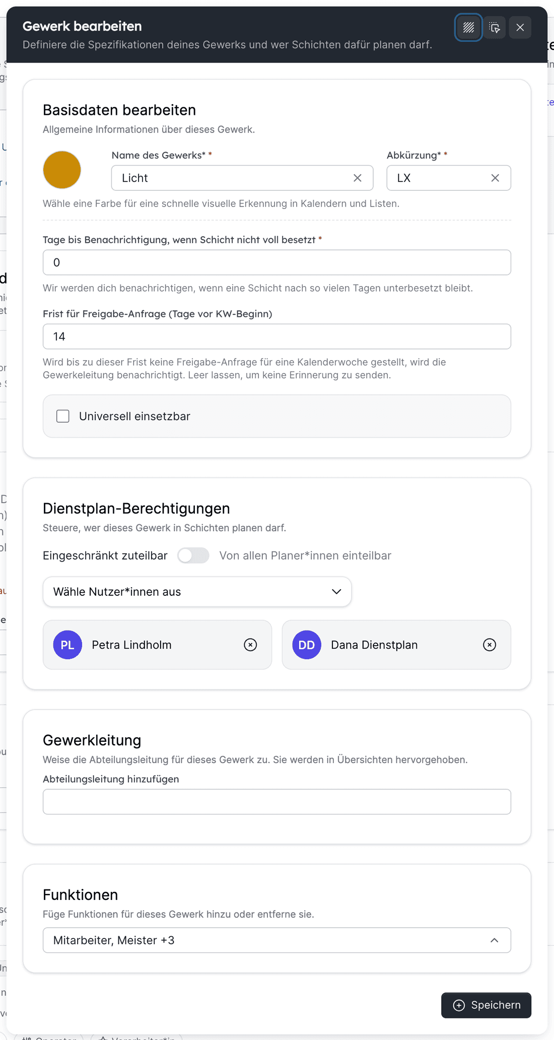 Der Gewerk-Dialog mit Basisdaten, Dienstplan-Berechtigungen, Gewerkleitung und Funktionen