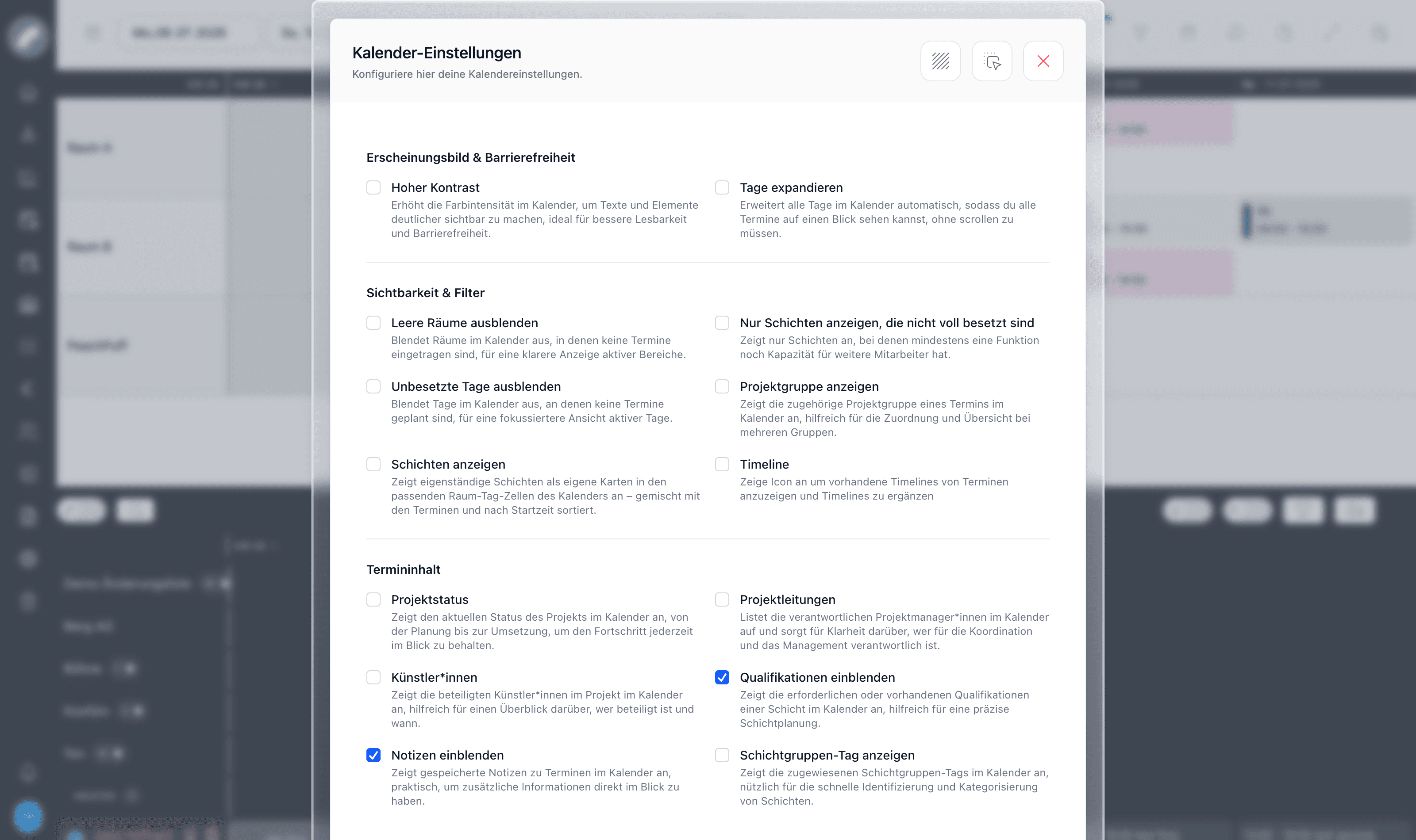 Anzeigeeinstellungen des Dienstplans