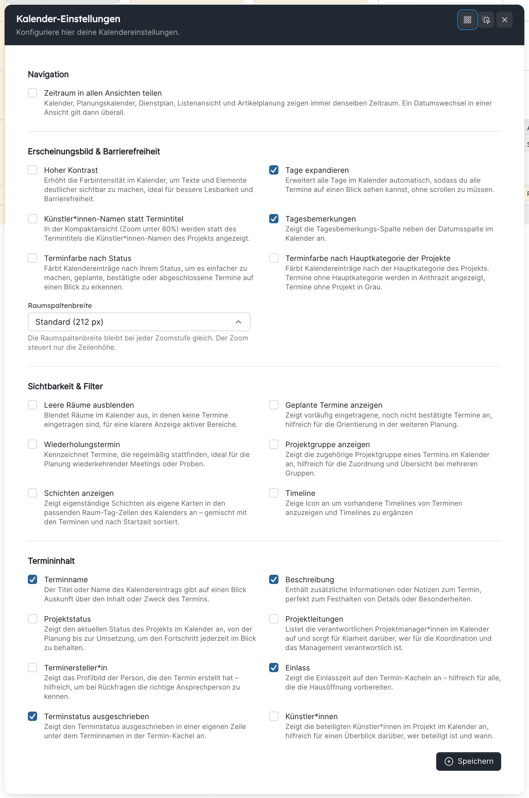Das Fenster Kalender-Einstellungen mit den Abschnitten Navigation, Erscheinungsbild, Sichtbarkeit und Termininhalt