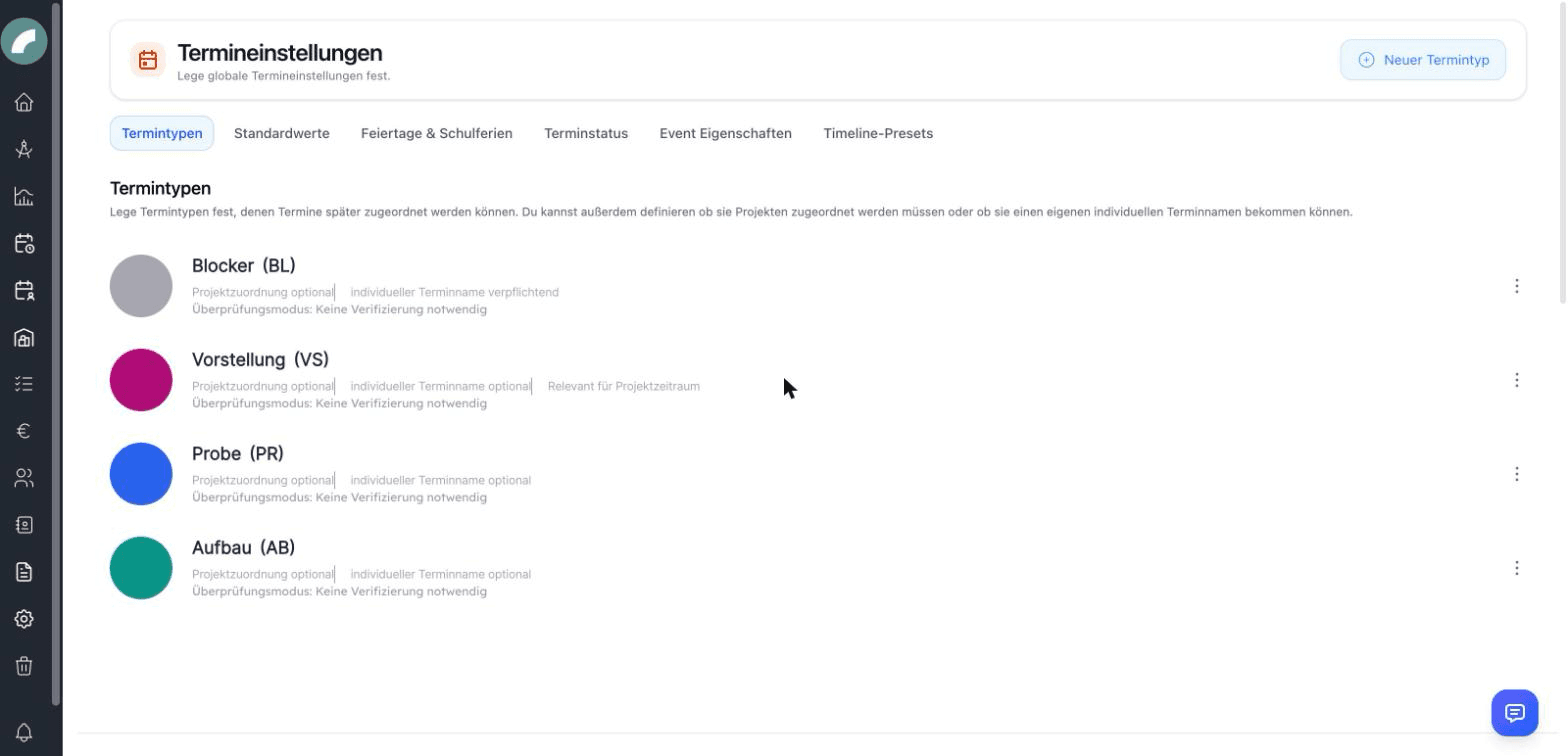 Die Termineinstellungen mit den Termintypen