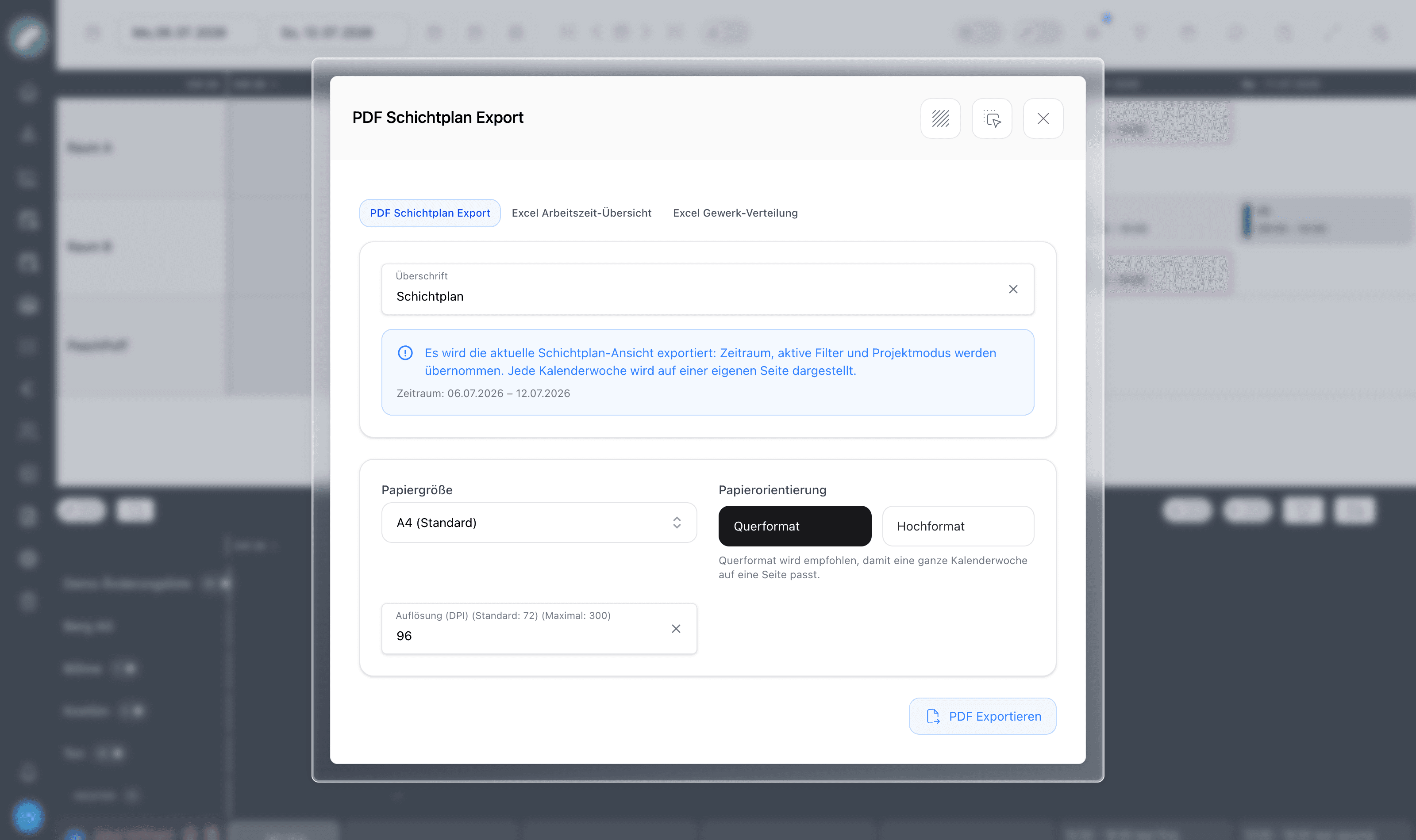 Der Export-Dialog mit seinen Tabs