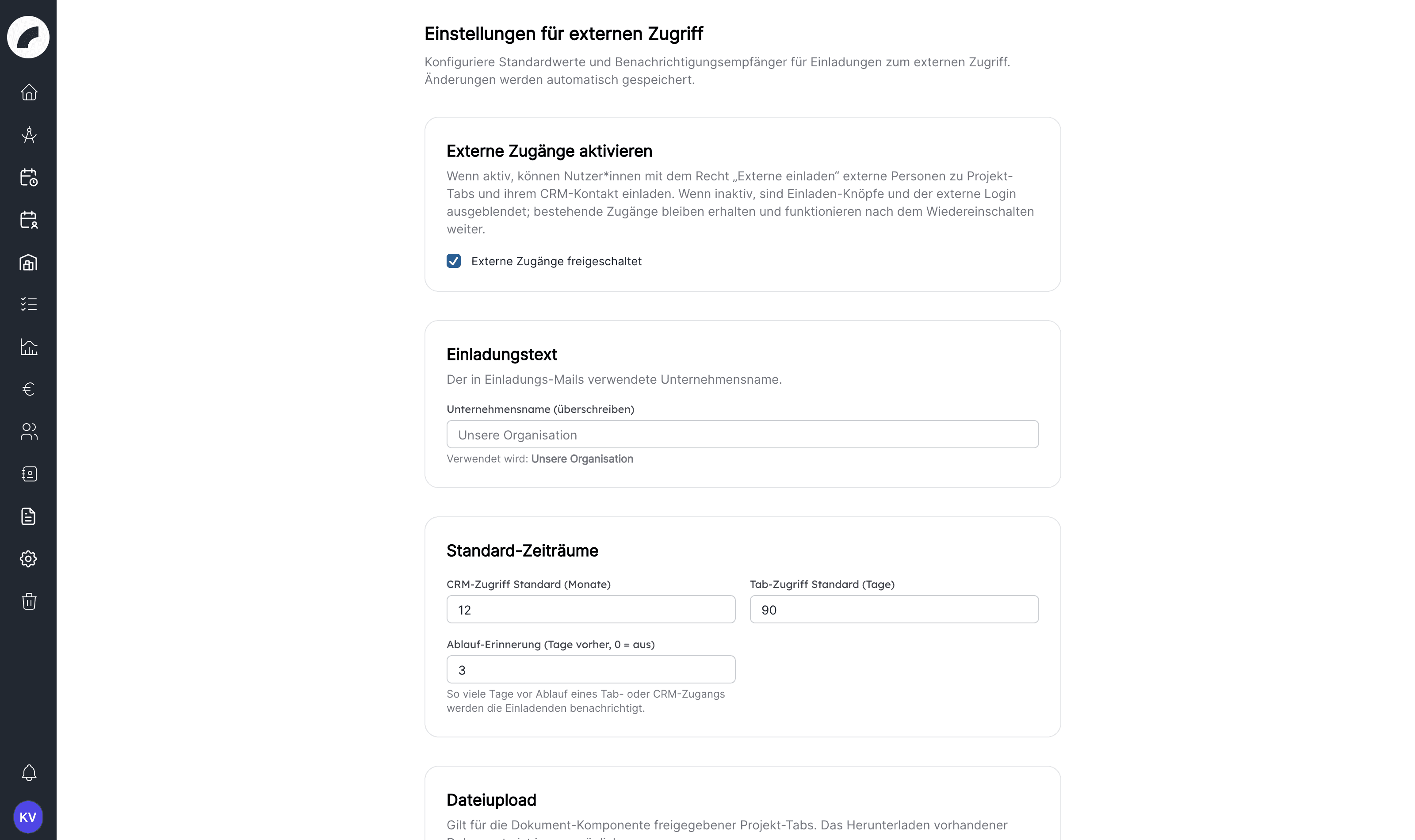 Die Einstellungen für externen Zugriff: Hauptschalter, Einladungstext, Standard-Zeiträume und Dateiupload