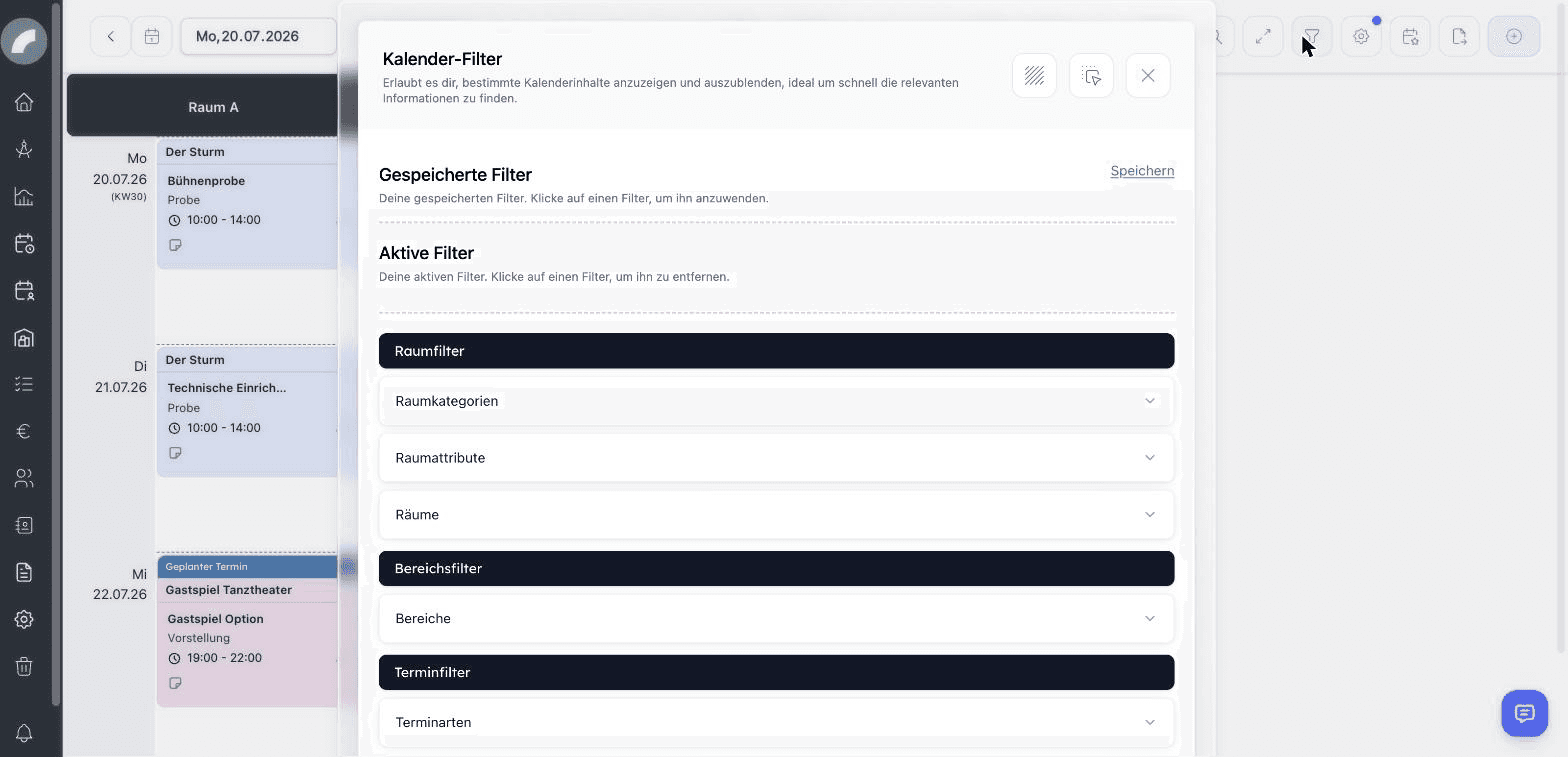 Der Kalender-Filter mit Raum-, Bereichs- und Terminfiltern