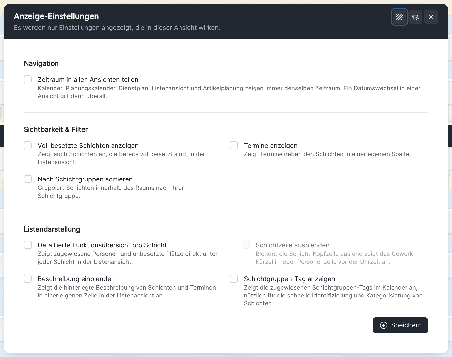 Die Anzeige-Einstellungen der Listenansicht mit dem Abschnitt Listendarstellung