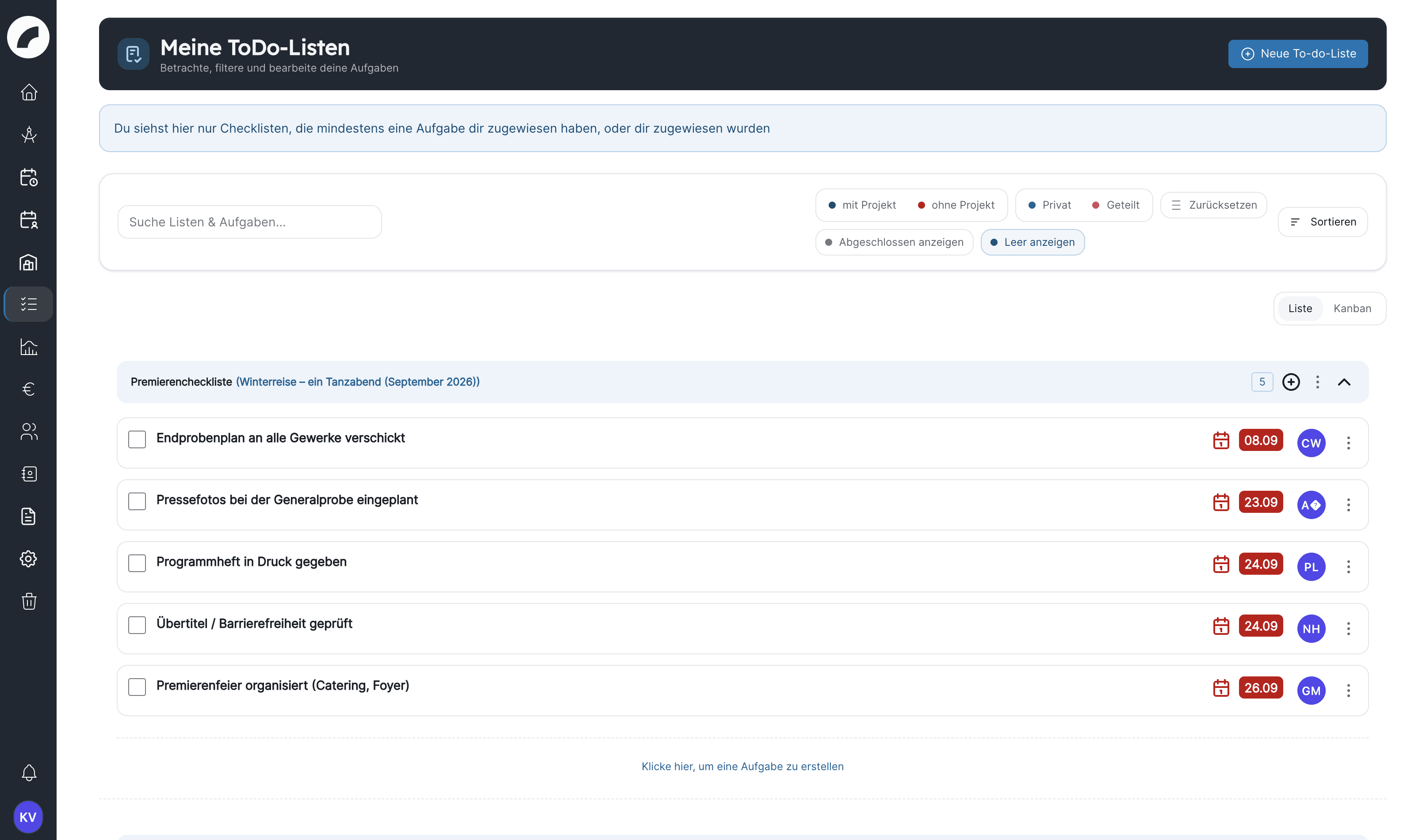 Meine To-do-Listen mit Suche, Filtern und einer Checkliste mit Fristen