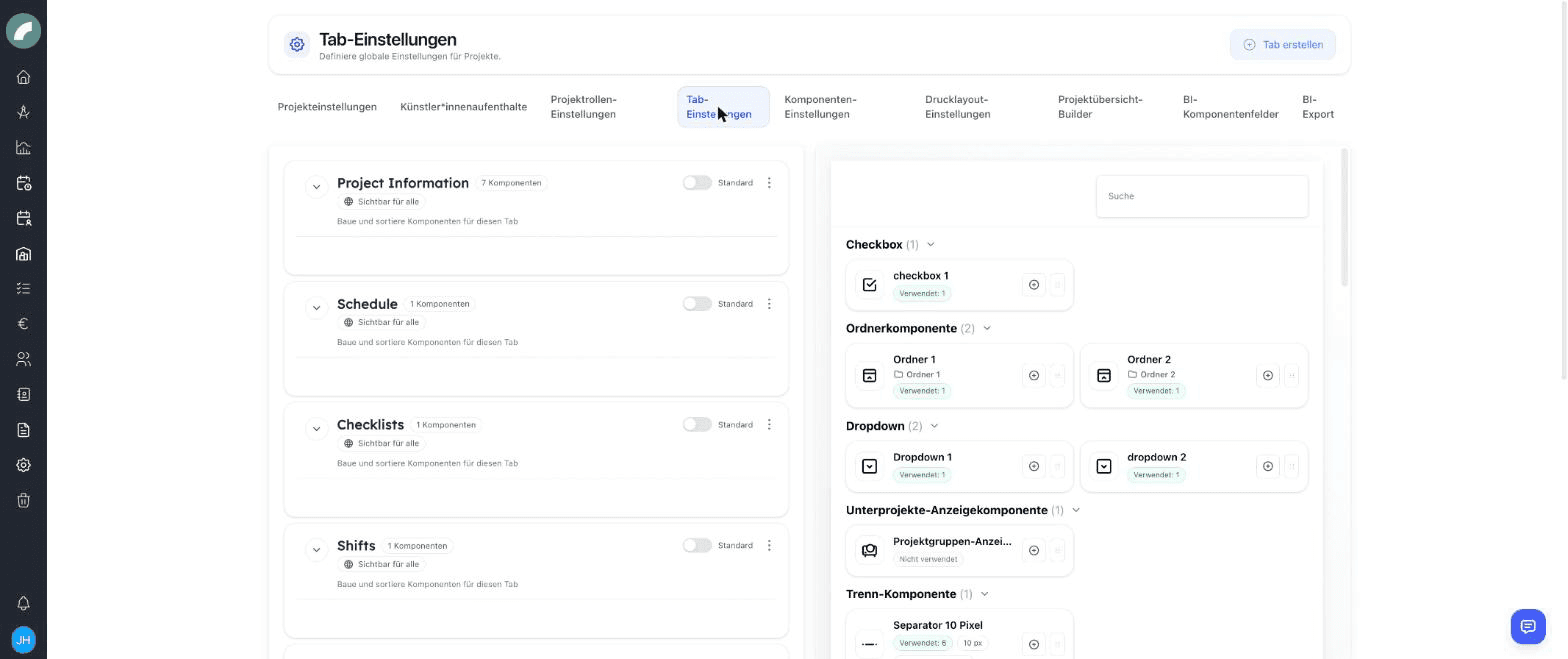 Die Tab-Einstellungen: Tabs und ihre Bausteine per Drag & Drop ordnen