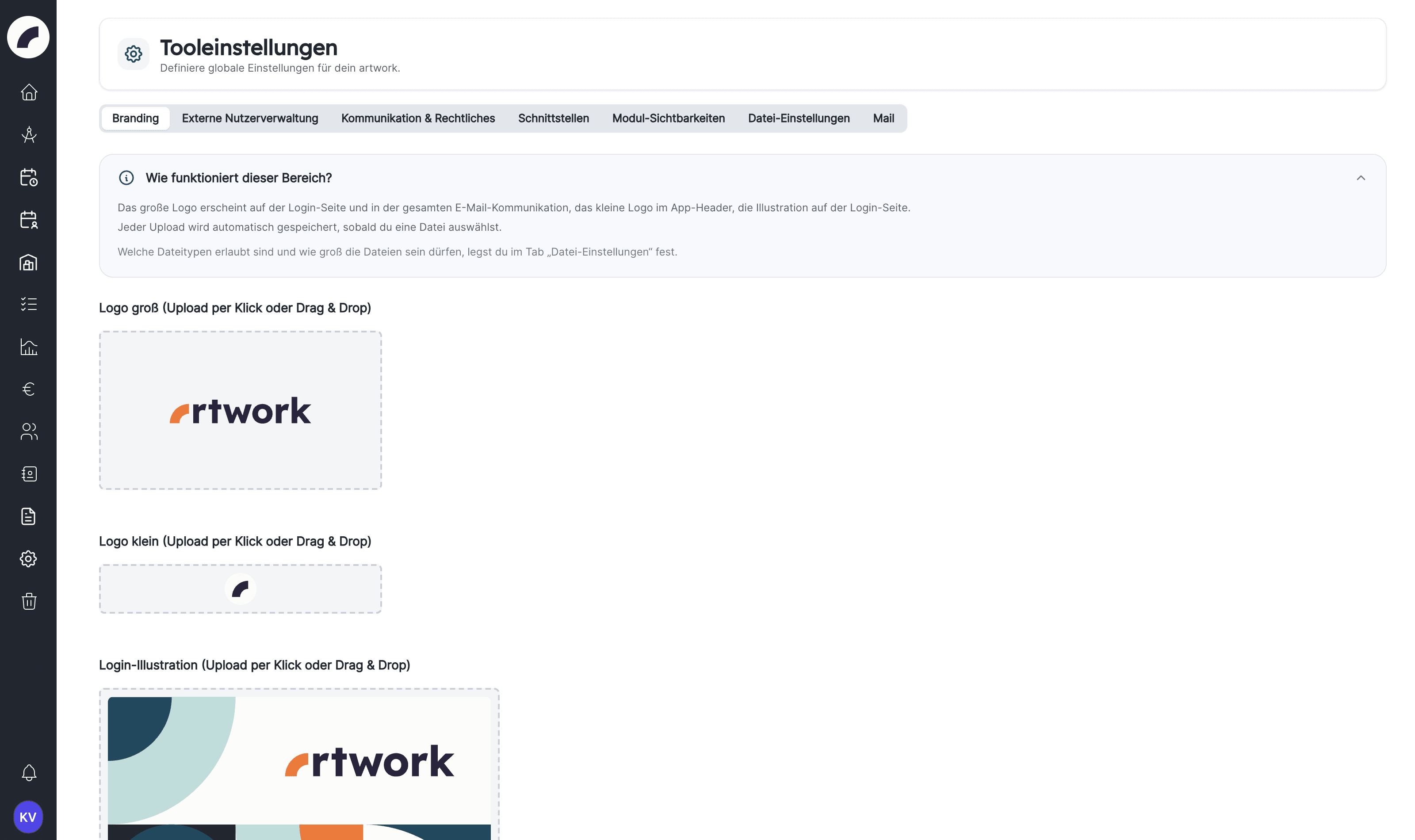 Die Tool-Einstellungen, Reiter Branding mit großem Logo, kleinem Logo und Login-Illustration