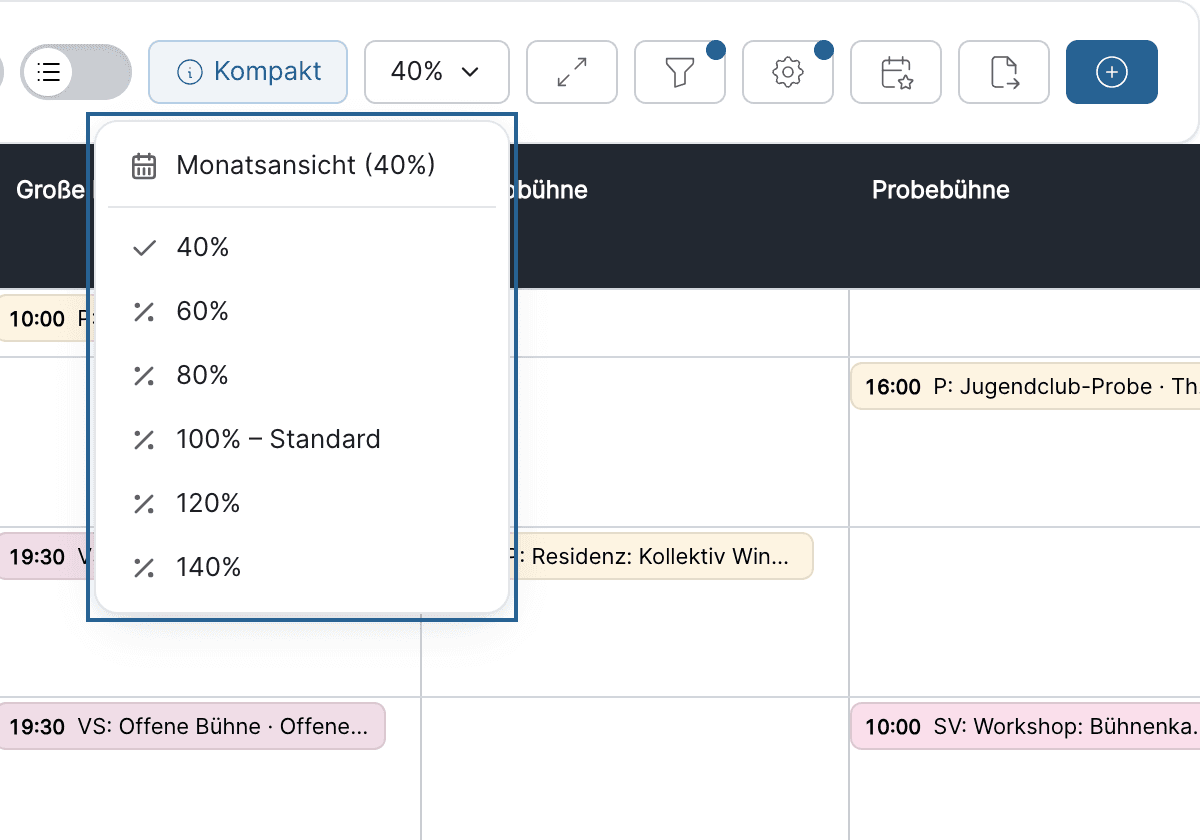 Das Zoom-Dropdown mit Monatsansicht (40 %) und den Stufen 40 bis 140 %, daneben der Chip „Kompakt“