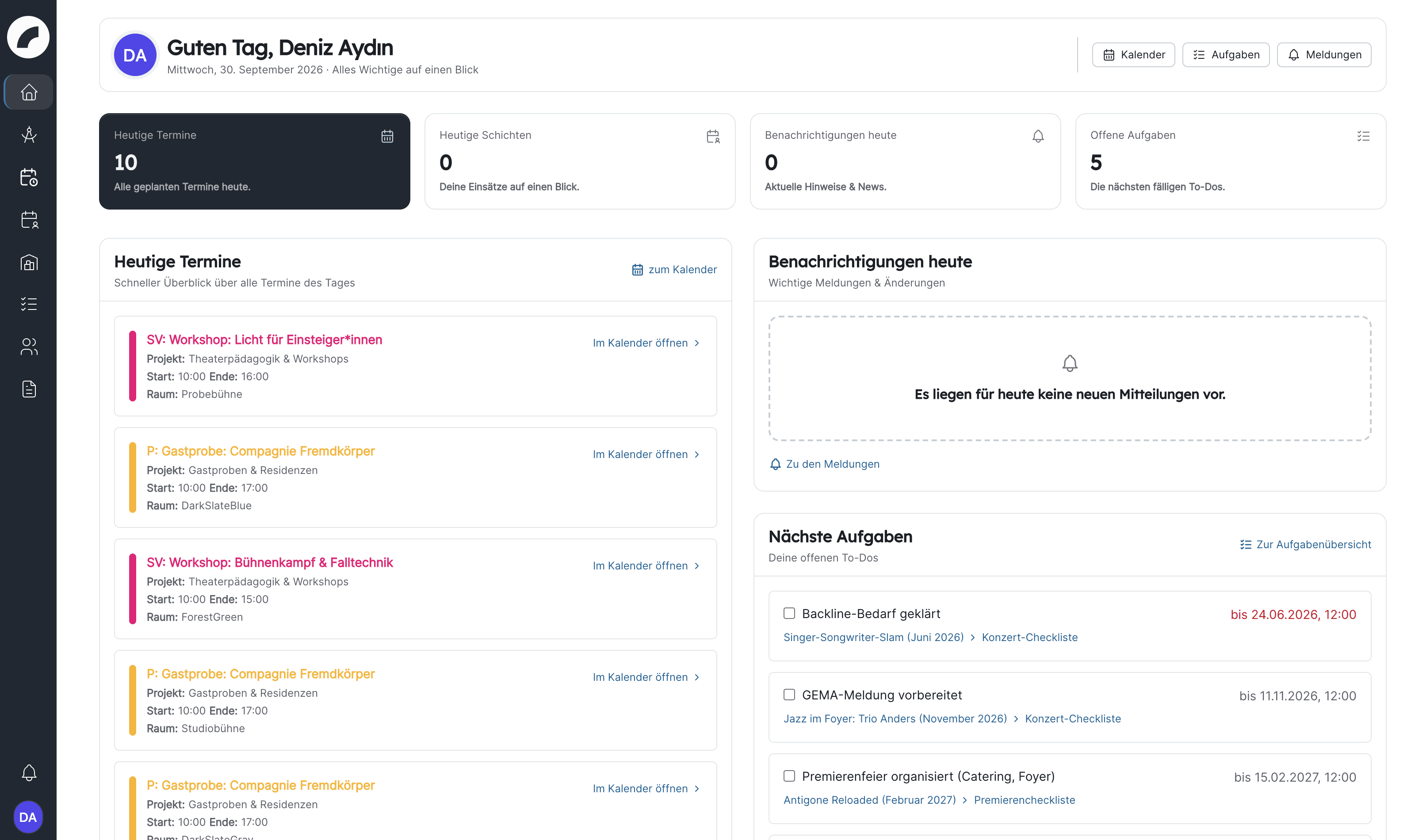 Das Dashboard mit heutigen Terminen, Schichten, Meldungen und nächsten Aufgaben